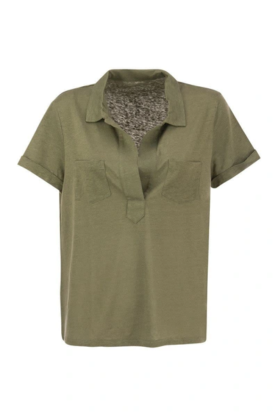 Shop Majestic Filatures Short-sleeved Linen Polo Shirt In Khaki