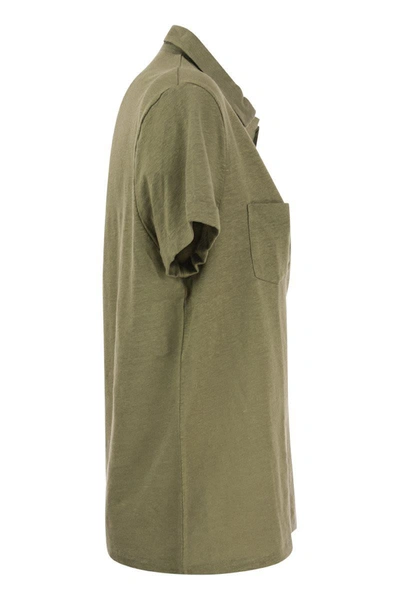 Shop Majestic Filatures Short-sleeved Linen Polo Shirt In Khaki