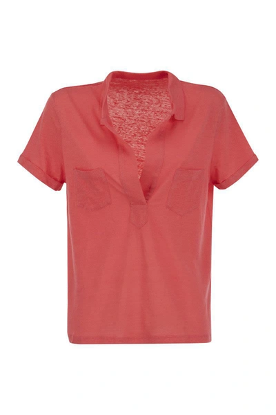 Shop Majestic Filatures Short-sleeved Linen Polo Shirt In Coral