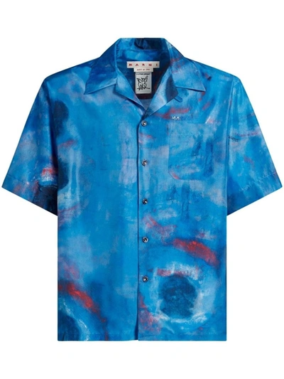 Shop Marni Bowling Shirt With Buchi Print In Blue