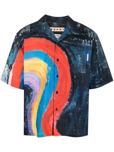 Shop Marni Bowling Shirt With Raimbow Print In Blue