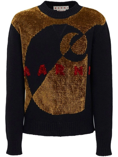 Shop Marni Sweaters In <p>velvet-effect Logo Knit Jumper From  Featuring Black, Ochre Gold, Knitted Construction, Velv