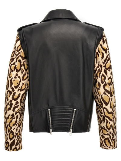 Shop Moschino Animal-print Sleeves Leather Jacket In Black