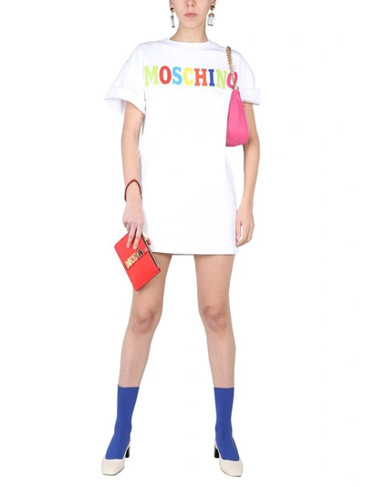 Shop Moschino Multicolor Logo Dress In White