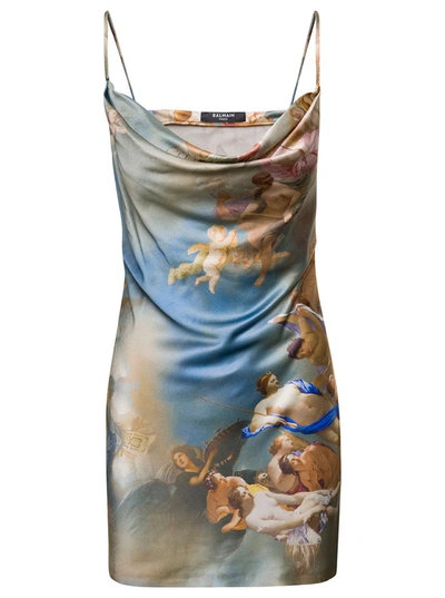 Shop Balmain Multicolor Minidress With Draped Detail And Sky-print All-over In Viscose Woman