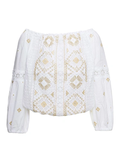Shop Temptation Positano Off-shoulder Embroidered Blouse In White Cotton Woman