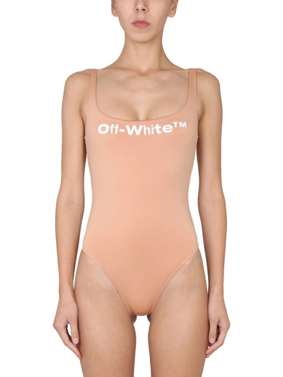 Shop Off-white One Piece Swimsuit With Logo Print In Brown
