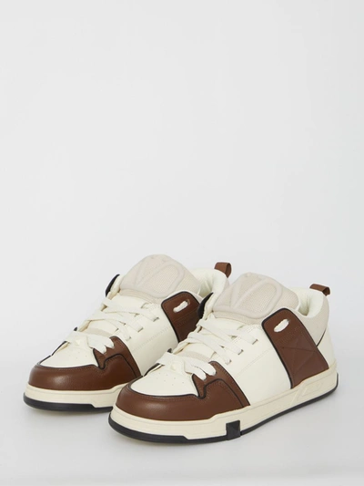 Valentino Open Skate Leather Sneakers In <p>open Skate Sneakers Crafted From Calfskin In The Shades Of Ivory, Brown And Black With Padded Fab