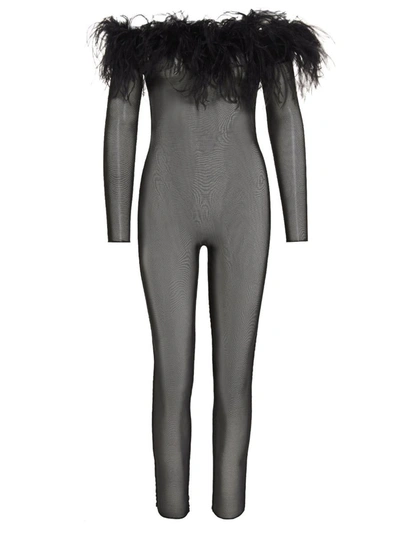 Shop Oseree Oséree Feather Entire Mesh Bodysuit In Black