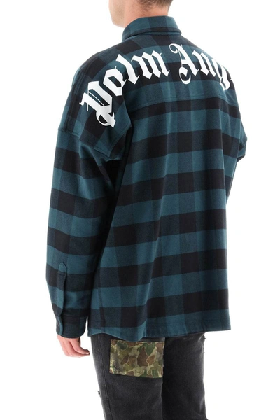 Shop Palm Angels Check Overshirt With Curved Logo Print In Green