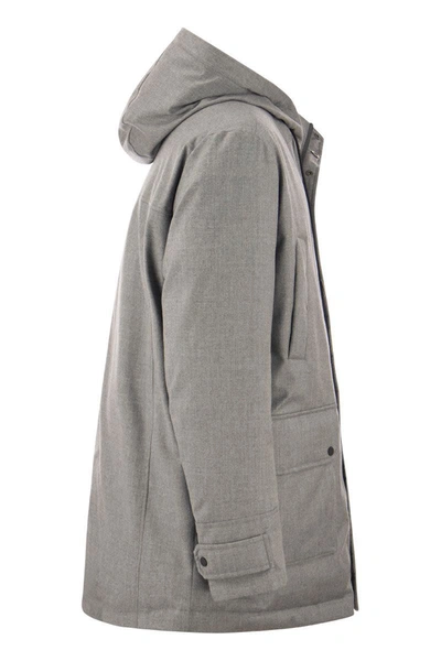 Shop Peserico Long Down Jacket In Soft Technical Pure Wool Flannel In Grey