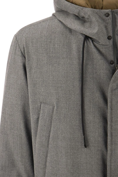 Shop Peserico Long Down Jacket In Soft Technical Pure Wool Flannel In Grey