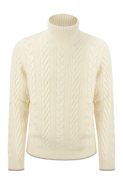 Shop Peserico Wool And Cashmere Cable-knit Turtleneck Sweater In Cream