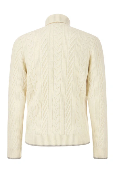Shop Peserico Wool And Cashmere Cable-knit Turtleneck Sweater In Cream