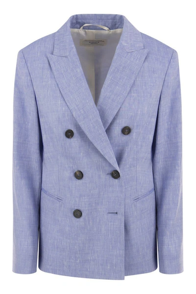 Shop Peserico Wool And Linen Canvas Double-breasted Blazer In Light Blue
