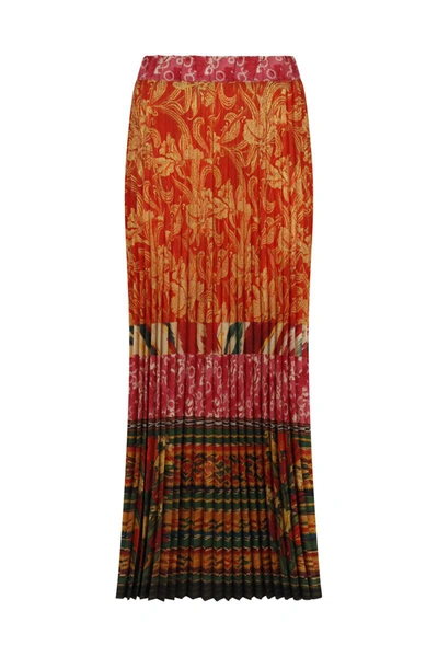 Shop Pierre-louis Mascia Long Pleated Skirt With Multicolour Print In Red