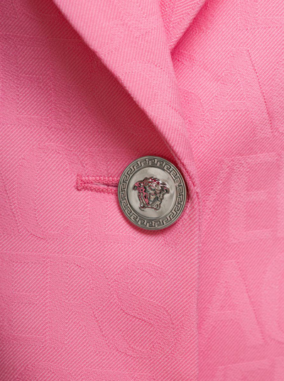 Shop Versace Pink Single-breasted Jacket With All-over Tonal Logo Lettering Print In Wool Woman