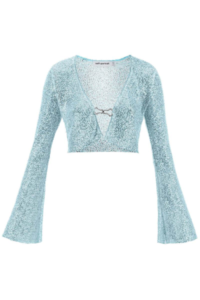 Shop Self-portrait Self Portrait Cropped Cardigan With Sequins And Beads In Blue