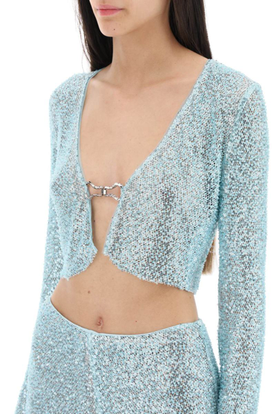 Shop Self-portrait Self Portrait Cropped Cardigan With Sequins And Beads In Blue
