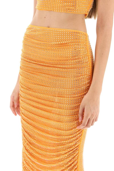Shop Self-portrait Self Portrait Draped Pencil Skirt With Rhinestones In Orange