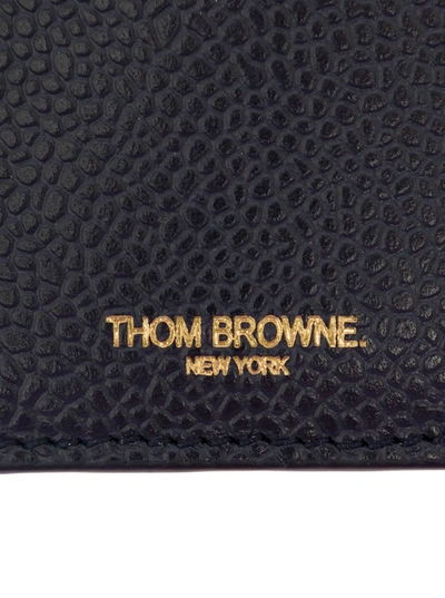 Shop Thom Browne Single Card Holder W/ 4 Bar Applique Stripe In Pebble Grain Leather In Blu