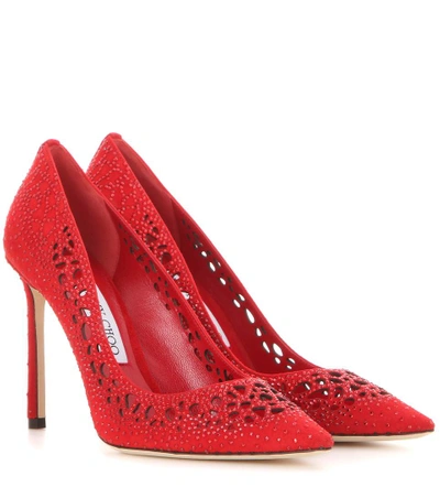 Jimmy Choo Romy 100 Red Perforated Suede With Crystal Hotfix Detailing Pointy Toe Pumps