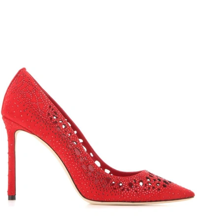 Shop Jimmy Choo Memento Romy 100 Embellished Suede Pumps In Red