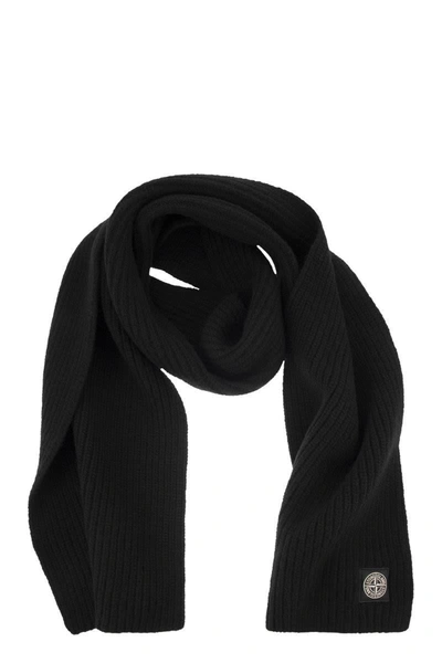 Shop Stone Island Wool Scarf With Badge In Black