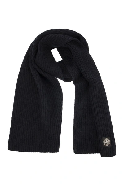 Shop Stone Island Wool Scarf With Badge In Navy