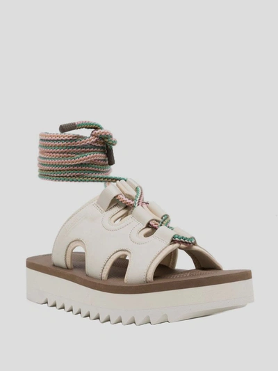 Shop Suicoke Slides In <p> Lace-up Slides In Ivory Suede Leather And Beige Nylon With Open Round Toe