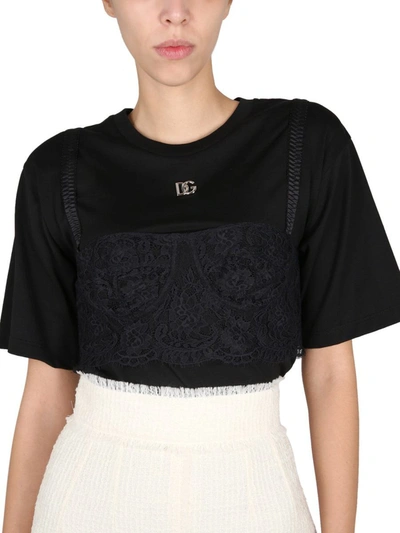 Shop Dolce & Gabbana T-shirt With Lace Bralette In Black