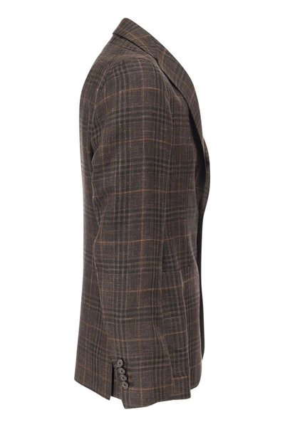 Shop Tagliatore Wool, Silk And Linen Jacket With Tartan Pattern In Dark Brown