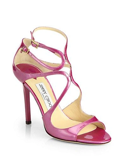 Shop Jimmy Choo Lang Sez Metallic Patent Leather Sandals In Jazzberry