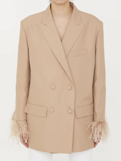 Shop Valentino Techno Weave Jacket In <p>double-breasted Jacket In Sand-colored Techno Weave. It Features Detachable Feather Embroidery At