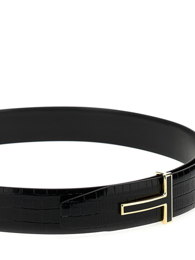 Shop Tom Ford Logo Croc Leather Belt In Black