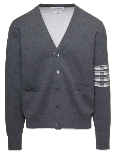 Shop Thom Browne V-neck Cardigan With Signature 4bar Detaiiling In Grey Cotton Man