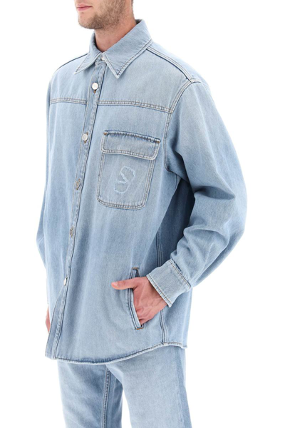 Shop Valentino Garavani Denim Overshirt With Stamped Vlogo Signature In Blue