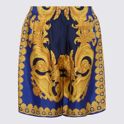 Shop Versace Black, Blue And Yellow Silk Shorts