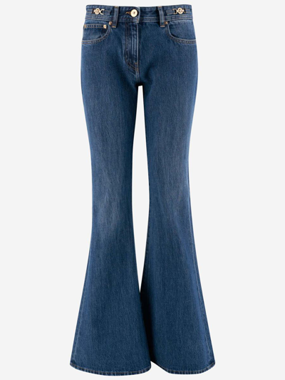 Versace Cotton Bootcut Denims With Logoed Morsets 32cm In Blu