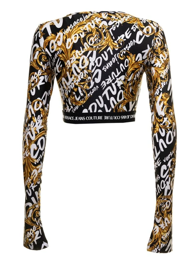 Shop Versace Jeans Couture Woman's Long Sleeve Cropped Sweater With Brush Logo Print In Black