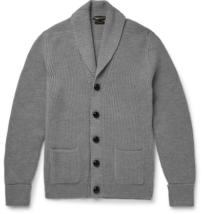 Shop Tom Ford Shawl-collar Ribbed Merino Wool Cardigan