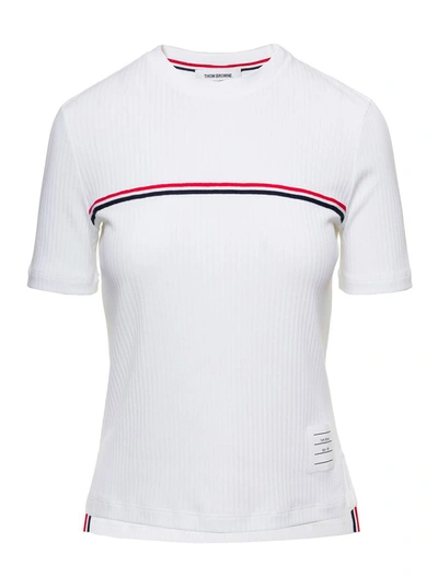 Shop Thom Browne White Crewneck T-shirt With Signature Rwb Stripe In Cotton Woman