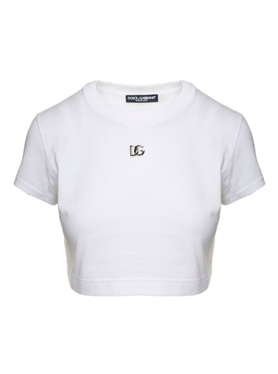 Shop Dolce & Gabbana White Crop T-shirt With Metal Logo At The Front In Cotton Woman