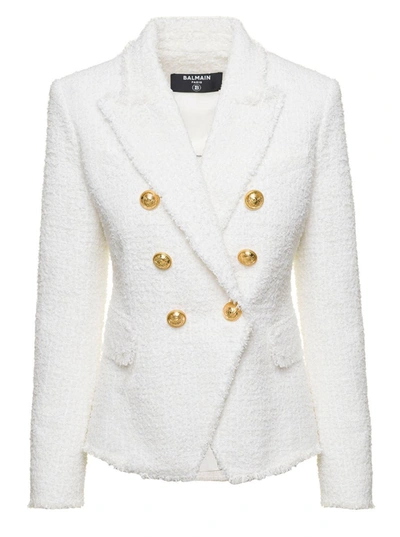 Shop Balmain White Double-breasted Jacket With Gold-colored Branded Buttons In Tweed Woman