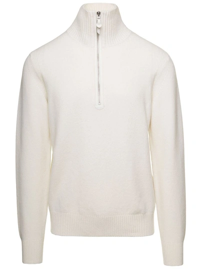Shop Tom Ford White Long-sleeve Sweater With Zip-up Mock Neck In Wool And Cashmere Man