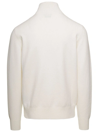 Shop Tom Ford White Long-sleeve Sweater With Zip-up Mock Neck In Wool And Cashmere Man