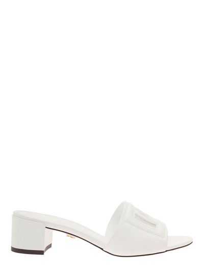 Shop Dolce & Gabbana White Mules With Low Heel And Dg Cut-out In Smooth Leather Woman