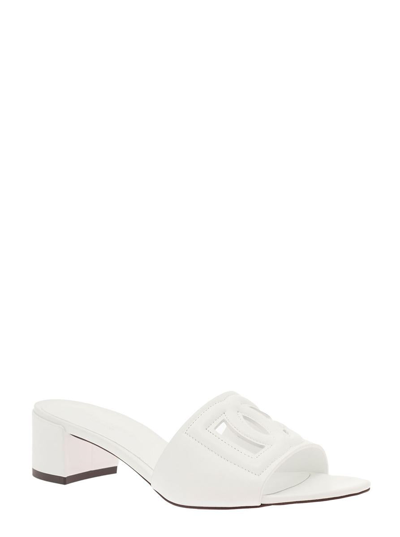 Shop Dolce & Gabbana White Mules With Low Heel And Dg Cut-out In Smooth Leather Woman