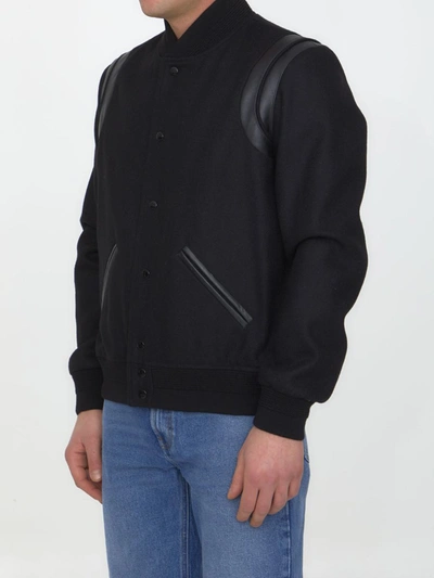 Shop Saint Laurent Wool Varsity Jacket In Black