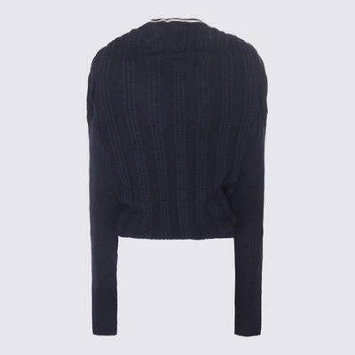 Shop Y/project Navy Blue And White Wool Cardigan In <p>navy Blue And White Wool Cardigan From  Featuring Ribbed Knit, Silver-tone Hardware, Ruf
